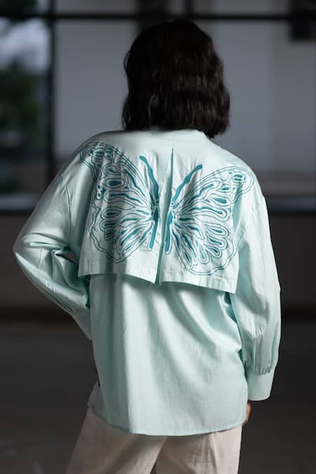 Shop Origani Blue Cotton Satin Embroidery Bandeau Neck Double Layered Shirt at Aza Fashions Shop_Origani_Blue Cotton Satin Embroidery Bandeau Neck Double Layered Shirt _at_Aza_Fashions