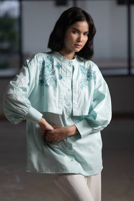 Origani Blue Cotton Satin Embroidery Bandeau Neck Double Layered Shirt Online at Aza Fashions Origani_Blue Cotton Satin Embroidery Bandeau Neck Double Layered Shirt _Online_at_Aza_Fashions