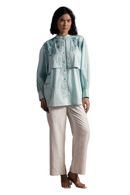 Buy Origani Blue Cotton Satin Embroidery Bandeau Neck Double Layered Shirt Online at Aza Fashions Buy_Origani_Blue Cotton Satin Embroidery Bandeau Neck Double Layered Shirt _Online_at_Aza_Fashions