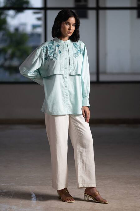 Shop Origani Blue Cotton Satin Embroidery Bandeau Neck Double Layered Shirt Online at Aza Fashions Shop_Origani_Blue Cotton Satin Embroidery Bandeau Neck Double Layered Shirt _Online_at_Aza_Fashions