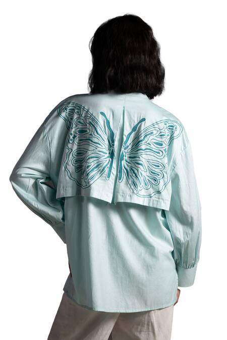 Origani Blue Cotton Satin Embroidery Bandeau Neck Double Layered Shirt at Aza Fashions Origani_Blue Cotton Satin Embroidery Bandeau Neck Double Layered Shirt _at_Aza_Fashions