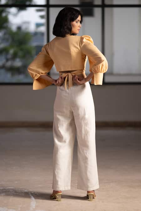 Shop Origani Beige Linen Embroidery Wrap Around Blouse at Aza Fashions Shop_Origani_Beige Linen Embroidery Wrap Around Blouse _at_Aza_Fashions