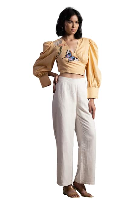 Origani Beige Linen Embroidery Wrap Around Blouse Online at Aza Fashions Origani_Beige Linen Embroidery Wrap Around Blouse _Online_at_Aza_Fashions