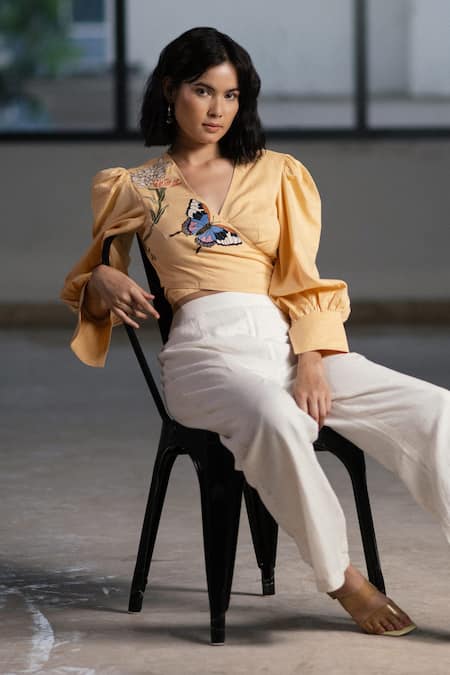 Buy Origani Beige Linen Embroidery Wrap Around Blouse Online at Aza Fashions Buy_Origani_Beige Linen Embroidery Wrap Around Blouse _Online_at_Aza_Fashions