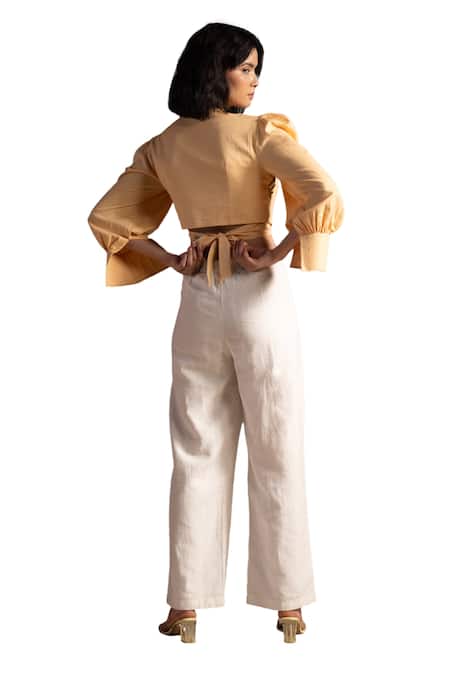 Origani Beige Linen Embroidery Wrap Around Blouse at Aza Fashions Origani_Beige Linen Embroidery Wrap Around Blouse _at_Aza_Fashions