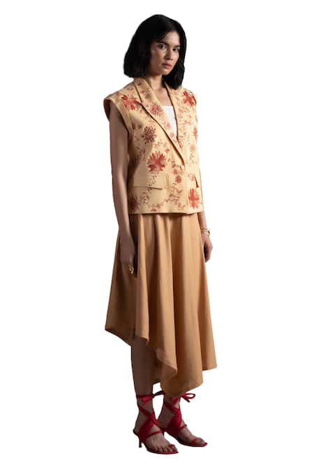 Origani_Beige Linen Embroidery Collared Floral Jacket _Online_at_Aza_Fashions