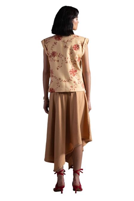 Origani_Beige Linen Embroidery Collared Floral Jacket _at_Aza_Fashions
