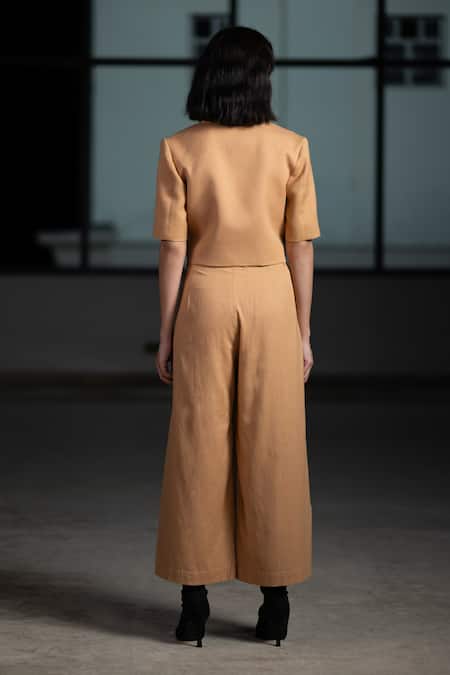 Shop Origani Brown Linen Solid Notched Lapel Blazer With Pant at Aza Fashions Shop_Origani_Brown Linen Solid Notched Lapel Blazer With Pant _at_Aza_Fashions