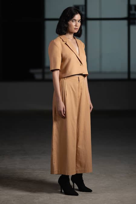 Buy Origani Brown Linen Solid Notched Lapel Blazer With Pant Online at Aza Fashions Buy_Origani_Brown Linen Solid Notched Lapel Blazer With Pant _Online_at_Aza_Fashions