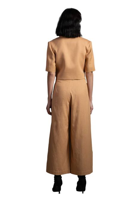 Origani Brown Linen Solid Notched Lapel Blazer With Pant at Aza Fashions Origani_Brown Linen Solid Notched Lapel Blazer With Pant _at_Aza_Fashions