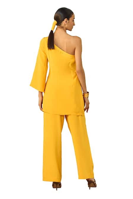 Origani Yellow Crepe Applique One Shoulder Tunic With Pant Online at Aza Fashions Origani_Yellow Crepe Applique One Shoulder Tunic With Pant _Online_at_Aza_Fashions
