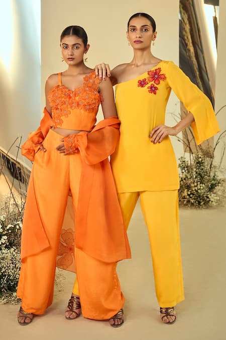 Shop Origani Yellow Crepe Applique One Shoulder Tunic With Pant Shop_Origani_Yellow Crepe Applique One Shoulder Tunic With Pant