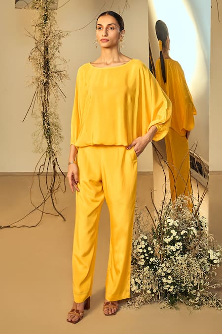 ORIGANI Yellow Orange Fibre Crepe Solid Round Balloon Top With Pant