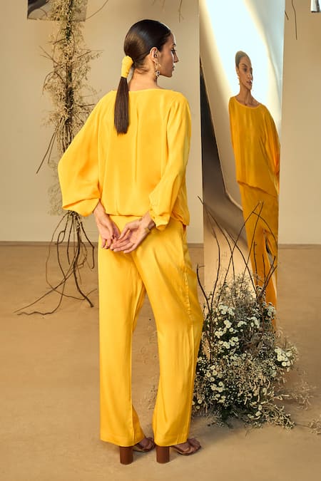Shop Origani Yellow Crepe Round Neck Solid Balloon Top With Pant at Aza Fashions Shop_Origani_Yellow Crepe Round Neck Solid Balloon Top With Pant _at_Aza_Fashions