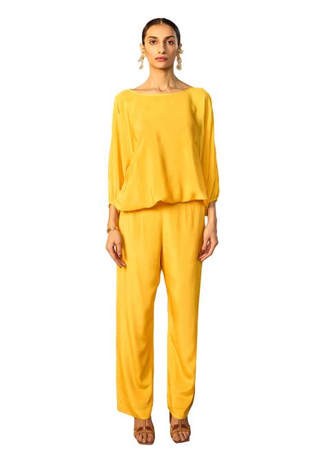Origani Yellow Crepe Round Neck Solid Balloon Top With Pant Online at Aza Fashions Origani_Yellow Crepe Round Neck Solid Balloon Top With Pant _Online_at_Aza_Fashions