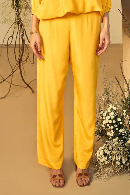 Buy Origani Yellow Crepe Round Neck Solid Balloon Top With Pant Online at Aza Fashions Buy_Origani_Yellow Crepe Round Neck Solid Balloon Top With Pant _Online_at_Aza_Fashions