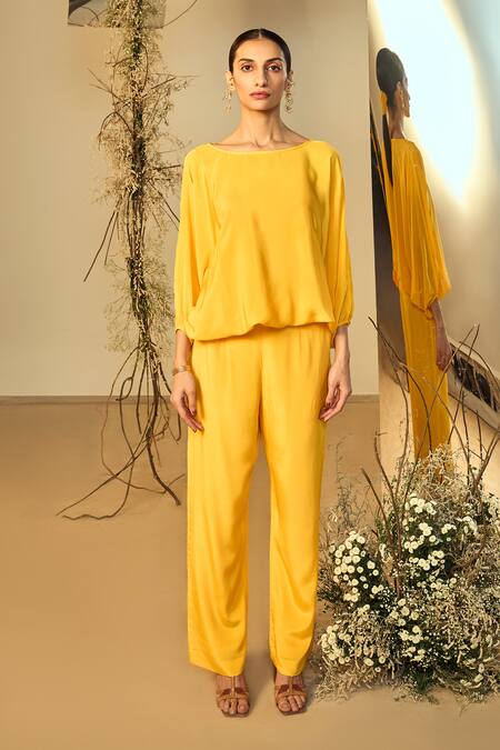 Shop Origani Yellow Crepe Round Neck Solid Balloon Top With Pant Online at Aza Fashions Shop_Origani_Yellow Crepe Round Neck Solid Balloon Top With Pant _Online_at_Aza_Fashions