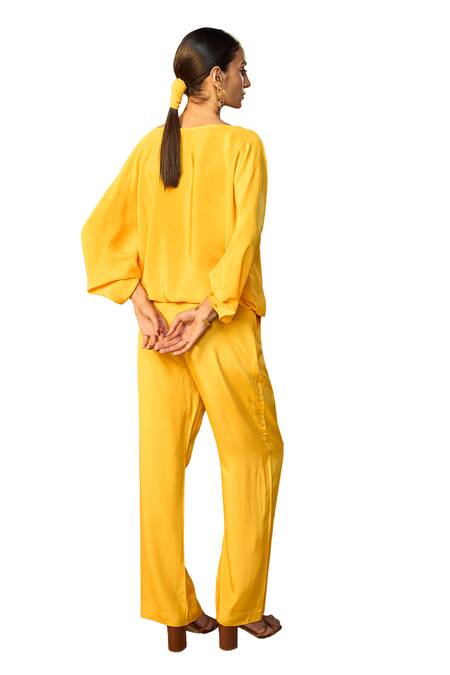 Origani Yellow Crepe Round Neck Solid Balloon Top With Pant at Aza Fashions Origani_Yellow Crepe Round Neck Solid Balloon Top With Pant _at_Aza_Fashions