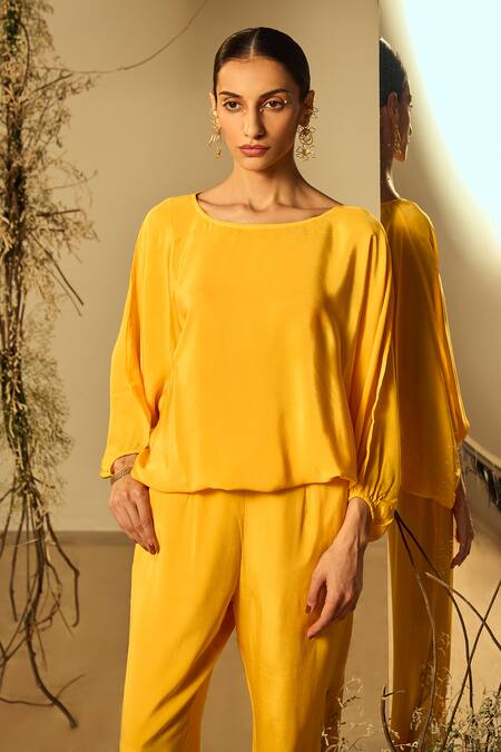 Buy Origani Yellow Crepe Round Neck Solid Balloon Top With Pant Buy_Origani_Yellow Crepe Round Neck Solid Balloon Top With Pant