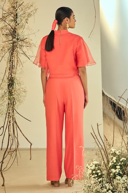 Shop Origani Coral Cotton, Organza, Solid Layered Crop Top With Pant at Aza Fashions Shop_Origani_Coral Cotton, Organza, Solid Layered Crop Top With Pant _at_Aza_Fashions