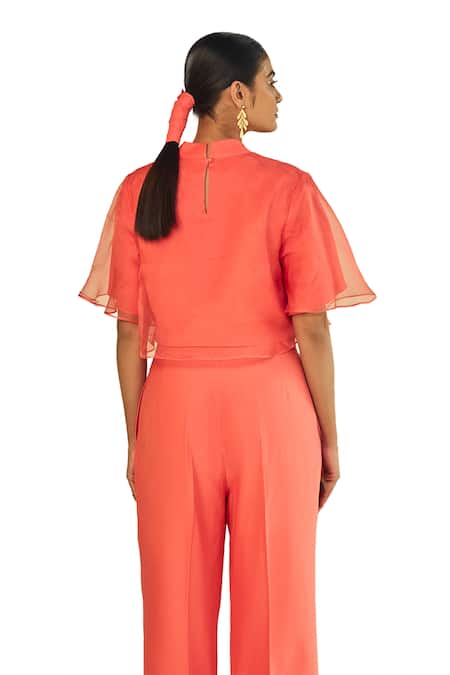 Origani Coral Cotton, Organza, Solid Layered Crop Top With Pant Online at Aza Fashions Origani_Coral Cotton, Organza, Solid Layered Crop Top With Pant _Online_at_Aza_Fashions