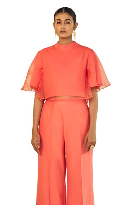 Buy Origani Coral Cotton, Organza, Solid Layered Crop Top With Pant Online at Aza Fashions Buy_Origani_Coral Cotton, Organza, Solid Layered Crop Top With Pant _Online_at_Aza_Fashions