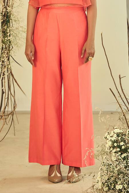Shop Origani Coral Cotton, Organza, Solid Layered Crop Top With Pant Online at Aza Fashions Shop_Origani_Coral Cotton, Organza, Solid Layered Crop Top With Pant _Online_at_Aza_Fashions