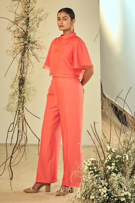 Origani Coral Cotton, Organza, Solid Layered Crop Top With Pant at Aza Fashions Origani_Coral Cotton, Organza, Solid Layered Crop Top With Pant _at_Aza_Fashions