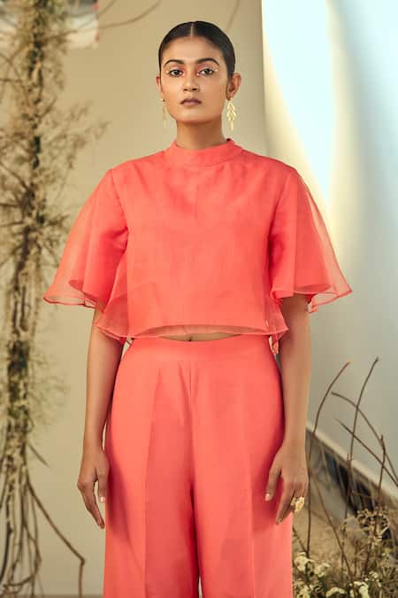 Buy Origani Coral Cotton, Organza, Solid Layered Crop Top With Pant Buy_Origani_Coral Cotton, Organza, Solid Layered Crop Top With Pant