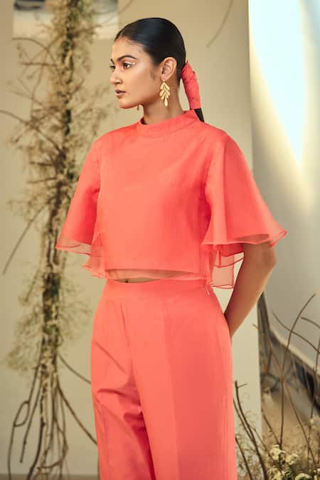 Shop Origani Coral Cotton, Organza, Solid Layered Crop Top With Pant Shop_Origani_Coral Cotton, Organza, Solid Layered Crop Top With Pant