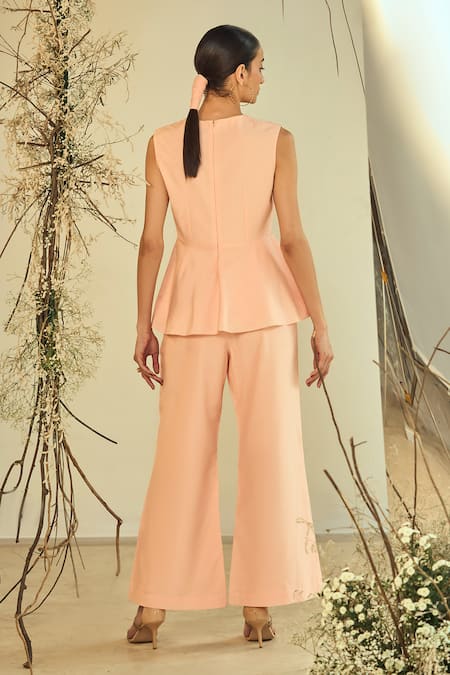 Shop Origani Peach Cotton, Silk Applique Round Neck Peplum Top With Pant at Aza Fashions Shop_Origani_Peach Cotton, Silk Applique Round Neck Peplum Top With Pant _at_Aza_Fashions