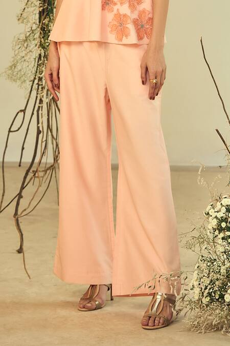 Origani Peach Cotton, Silk Applique Round Neck Peplum Top With Pant Online at Aza Fashions Origani_Peach Cotton, Silk Applique Round Neck Peplum Top With Pant _Online_at_Aza_Fashions