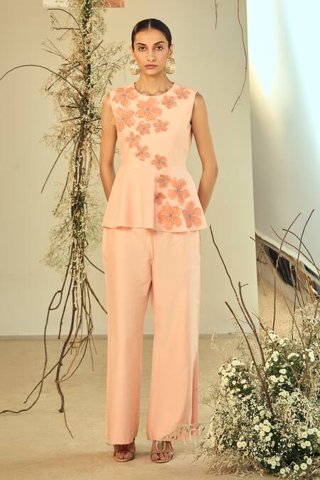 Buy Origani Peach Cotton, Silk Applique Round Neck Peplum Top With Pant Online at Aza Fashions Buy_Origani_Peach Cotton, Silk Applique Round Neck Peplum Top With Pant _Online_at_Aza_Fashions