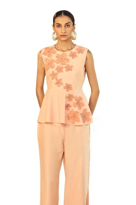 Shop Origani Peach Cotton, Silk Applique Round Neck Peplum Top With Pant Online at Aza Fashions Shop_Origani_Peach Cotton, Silk Applique Round Neck Peplum Top With Pant _Online_at_Aza_Fashions