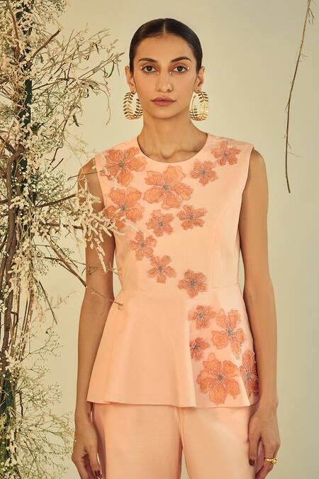 Origani Peach Cotton, Silk Applique Round Neck Peplum Top With Pant at Aza Fashions Origani_Peach Cotton, Silk Applique Round Neck Peplum Top With Pant _at_Aza_Fashions