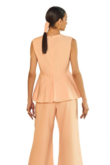 Buy Origani Peach Cotton, Silk Applique Round Neck Peplum Top With Pant Buy_Origani_Peach Cotton, Silk Applique Round Neck Peplum Top With Pant