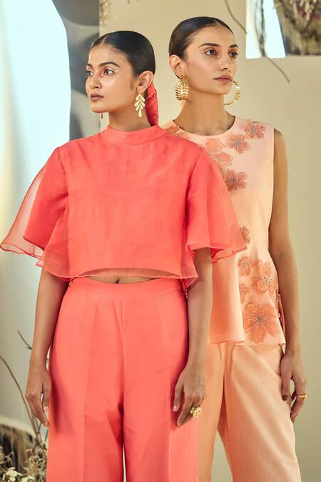 Shop Origani Peach Cotton, Silk Applique Round Neck Peplum Top With Pant Shop_Origani_Peach Cotton, Silk Applique Round Neck Peplum Top With Pant