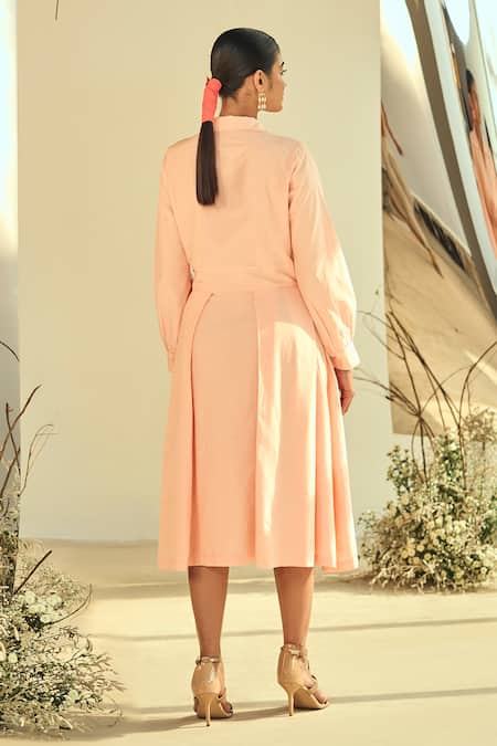 Shop Origani Peach Cotton, Silk Applique Collared Embellished Shirt Dress at Aza Fashions Shop_Origani_Peach Cotton, Silk Applique Collared Embellished Shirt Dress _at_Aza_Fashions