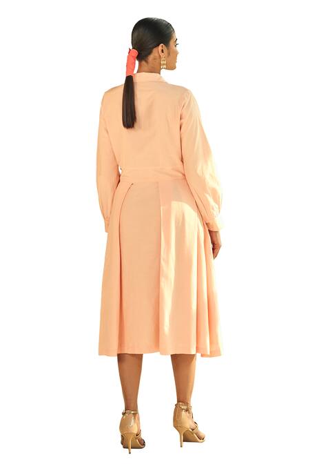 Origani Peach Cotton, Silk Applique Collared Embellished Shirt Dress Online at Aza Fashions Origani_Peach Cotton, Silk Applique Collared Embellished Shirt Dress _Online_at_Aza_Fashions