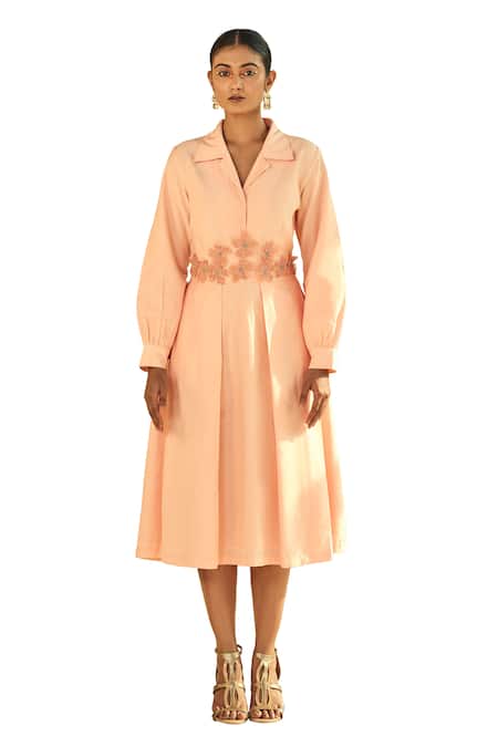 Buy Origani Peach Cotton, Silk Applique Collared Embellished Shirt Dress Online at Aza Fashions Buy_Origani_Peach Cotton, Silk Applique Collared Embellished Shirt Dress _Online_at_Aza_Fashions