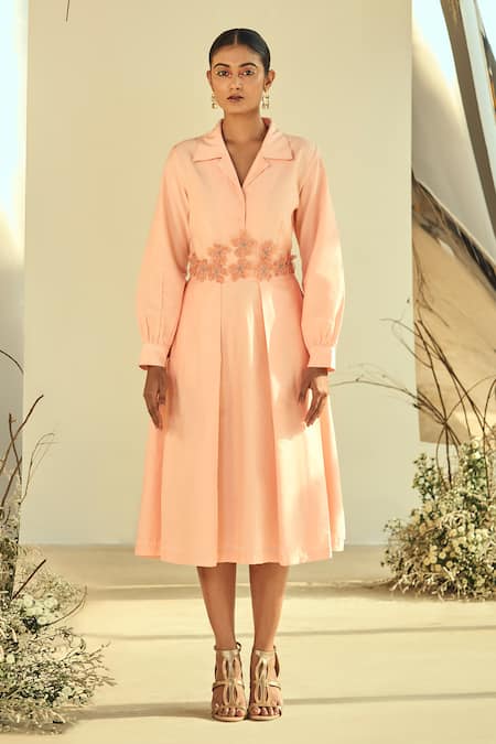 Shop Origani Peach Cotton, Silk Applique Collared Embellished Shirt Dress Online at Aza Fashions Shop_Origani_Peach Cotton, Silk Applique Collared Embellished Shirt Dress _Online_at_Aza_Fashions