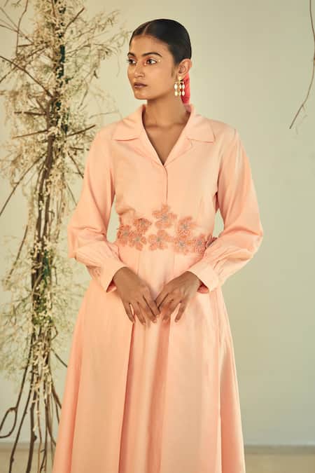Origani Peach Cotton, Silk Applique Collared Embellished Shirt Dress at Aza Fashions Origani_Peach Cotton, Silk Applique Collared Embellished Shirt Dress _at_Aza_Fashions