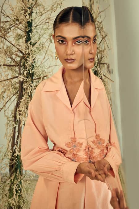 Buy Origani Peach Cotton, Silk Applique Collared Embellished Shirt Dress Buy_Origani_Peach Cotton, Silk Applique Collared Embellished Shirt Dress