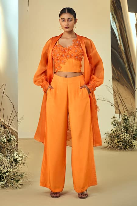 ORIGANI Floral Applique Shrug Pant Set 