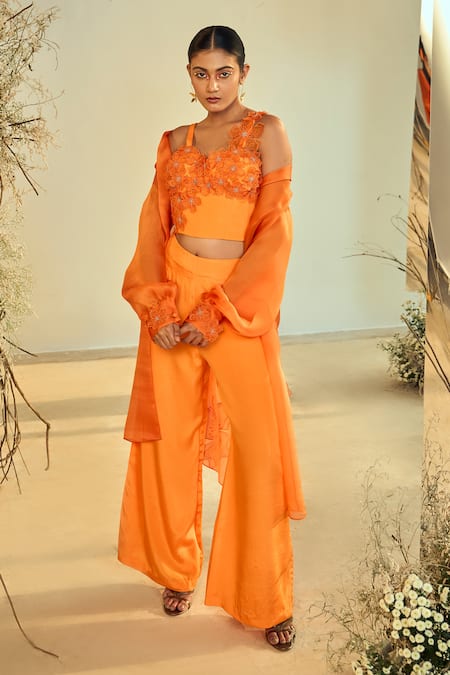Origani_Orange Crepe Applique Sweetheart , Shawl Floral Shrug Pant Set_Online_at_Aza_Fashions