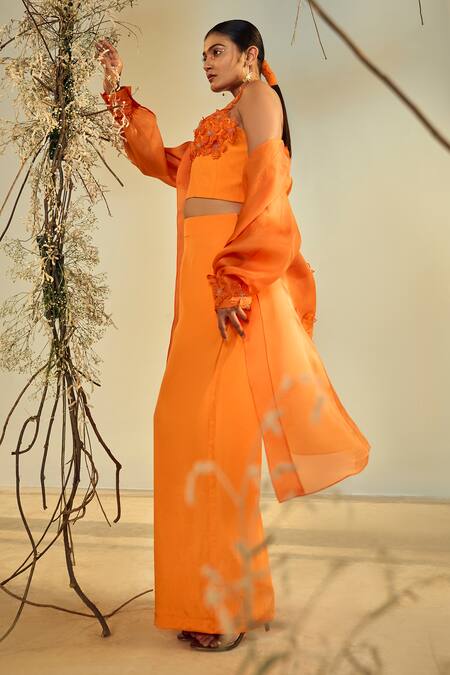 Buy_Origani_Orange Crepe Applique Sweetheart , Shawl Floral Shrug Pant Set_Online_at_Aza_Fashions