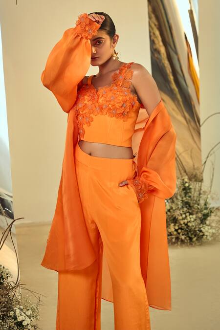 Shop_Origani_Orange Crepe Applique Sweetheart , Shawl Floral Shrug Pant Set_Online_at_Aza_Fashions