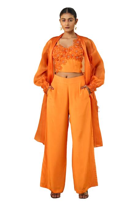 Origani_Orange Crepe Applique Sweetheart , Shawl Floral Shrug Pant Set_at_Aza_Fashions