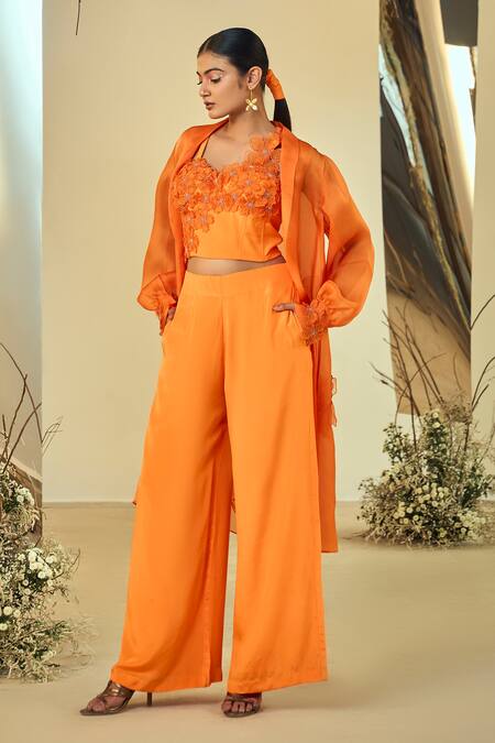 Buy_Origani_Orange Crepe Applique Sweetheart , Shawl Floral Shrug Pant Set