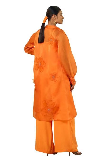 Shop_Origani_Orange Crepe Applique Sweetheart , Shawl Floral Shrug Pant Set